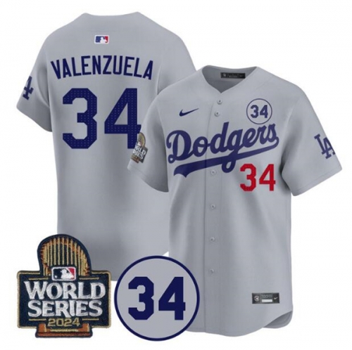 Men's Los Angeles Dodgers #34 Toro Valenzuela Gray 2024 World Series With No. 34 Patch Limited Stitched Baseball Jersey