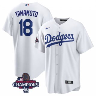 Men's Los Angeles Dodgers #18 Yoshinobu Yamamoto White 2024 World Series Champions Cool Base Stitched Baseball Jersey