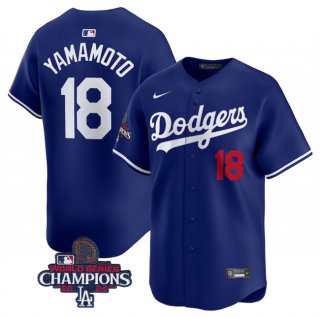 Men's Los Angeles Dodgers #18 Yoshinobu Yamamoto Royal 2024 World Series Champions Alternate Limited Stitched Baseball Jersey