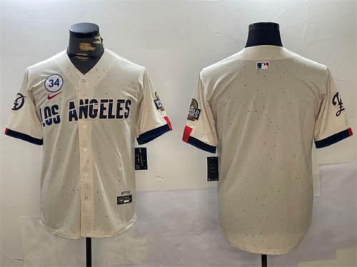 Men's Los Angeles Dodgers Blank Cream 2024 World Series With No. 34 Patch Limited Stitched Baseball Jersey