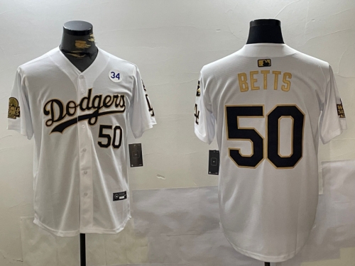 Mens Los Angeles Dodgers #50 Mookie Betts White Gold 2024 World Series With Fernando Memorial Patch Limited Stitched Baseball Jersey