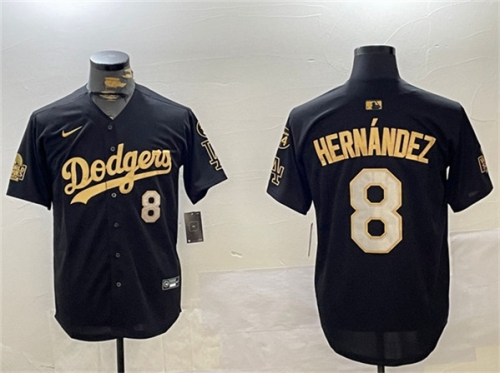 Men's Los Angeles Dodgers #8 Enrique Hernández Black Gold 2024 World Series With Fernando Memorial Patch Home Limited Stitched Baseball Jersey