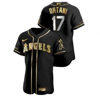 Men's Los Angeles Angels #17 Shohei Ohtani Black Gold Stitched MLB Flex Base Nike Jersey