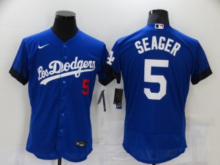 Men's Los Angeles Dodgers #5 Corey Seager Blue 2021 City Connect Flex Base Stitched Jersey