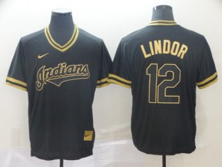 Men Cleveland Indians 12 Lindor Black gold Game Nike 2022 MLB Jersey