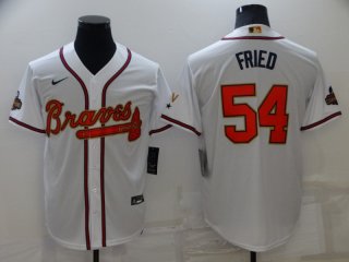 Men's Atlanta Braves #54 Max Fried 2022 White Gold World Series Champions Program Cool Base Stitched Baseball Jersey