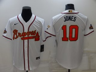 Men's Atlanta Braves #10 Chipper Jones 2022 White Gold World Series Champions Program Cool Base Stitched Baseball Jersey