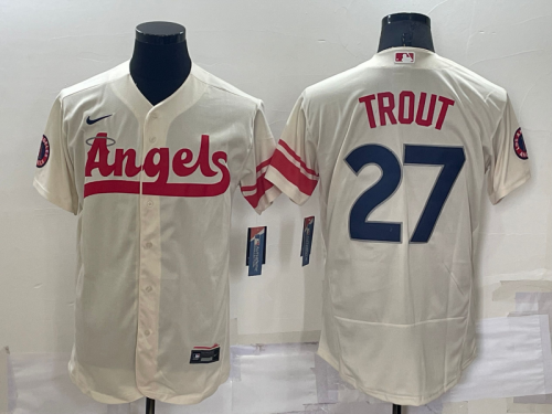 Men's Los Angeles Angels #27 Mike Trout Cream 2022 City Connect Flex Base Stitched Jersey