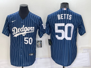 Men's Los Angeles Dodgers #50 Mookie Betts Number Navy Blue Pinstripe Stitched MLB Cool Base Nike Jersey