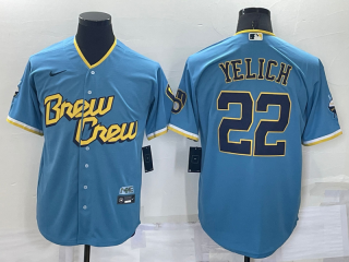 Men's Milwaukee Brewers #22 Christian Yelich Blue 2022 City Connect Cool Base Stitched Jersey