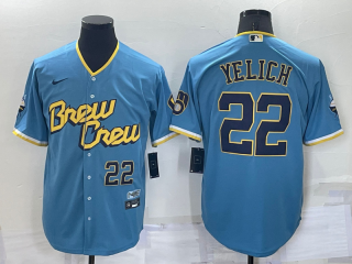 Men's Milwaukee Brewers #22 Christian Yelich Number Blue 2022 City Connect Cool Base Stitched Jersey