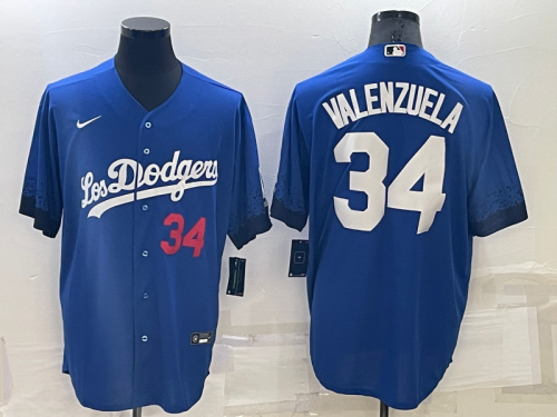 Men's Los Angeles Dodgers #34 Fernando Valenzuela Number Blue 2021 City Connect Cool Base Stitched Jersey