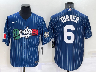 Men's Los Angeles Dodgers #6 Trea Turner Navy Blue Pinstripe 2020 World Series Cool Base Nike Jersey