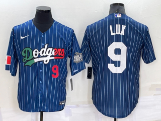 Mens Los Angeles Dodgers #9 Gavin Lux Number Navy Blue Pinstripe 2020 World Series Cool Base Nike Jersey