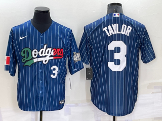 Men's Los Angeles Dodgers #3 Chris Taylor Number Navy Blue Pinstripe 2020 World Series Cool Base Nike Jersey