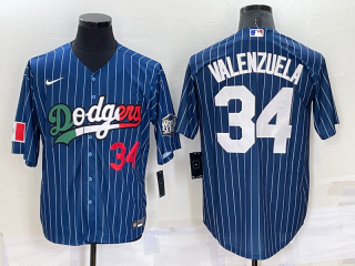 Mens Los Angeles Dodgers #34 Fernando Valenzuela Number Navy Blue Pinstripe 2020 World Series Cool Base Nike Jersey