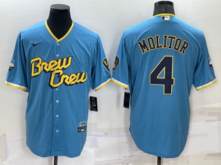 Men's Milwaukee Brewers #4 Paul Molitor Blue 2022 City Connect Cool Base Stitched Jersey