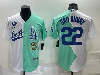 Men's Los Angeles Dodgers #22 Bad Bunny White Green Number 2022 Celebrity Softball Game Cool Base Jerseys