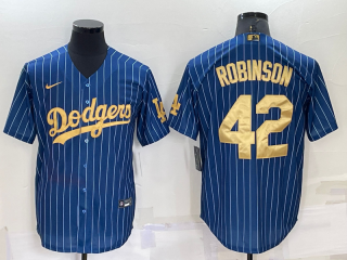 Men's Los Angeles Dodgers #42 Jackie Robinson Navy Blue Gold Pinstripe Stitched MLB Cool Base Nike Jersey