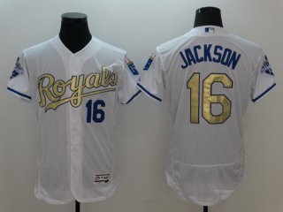 Men's Kansas City Royals #16 Bo Jackson Retired Majestic White World Series Champions Gold Program FlexBase Player Jersey