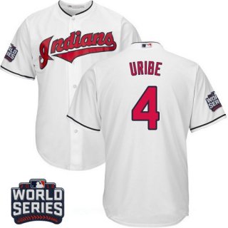 Men's Cleveland Indians #4 Juan Uribe White Home 2016 World Series Patch Stitched MLB Majestic Cool Base Jersey