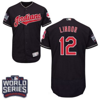 Men's Cleveland Indians #12 Francisco Lindor Navy Blue 2016 World Series Patch Stitched MLB Majestic Flex Base Jersey