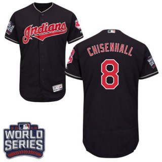 Men's Cleveland Indians #8 Lonnie Chisenhall Navy Blue 2016 World Series Patch Stitched MLB Majestic Flex Base Jersey