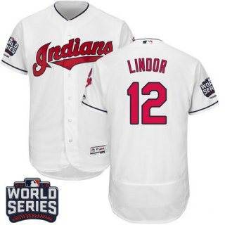 Men's Cleveland Indians #12 Francisco Lindor White Home 2016 World Series Patch Stitched MLB Majestic Flex Base Jersey