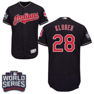 Men's Cleveland Indians #28 Corey Kluber Navy Blue 2016 World Series Patch Stitched MLB Majestic Flex Base Jersey