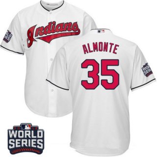 Men's Cleveland Indians #35 Abraham Almonte White Home 2016 World Series Patch Stitched MLB Majestic Cool Base Jersey