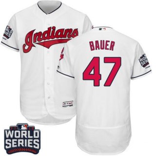 Men's Cleveland Indians #47 Trevor Bauer White Home 2016 World Series Patch Stitched MLB Majestic Flex Base Jersey