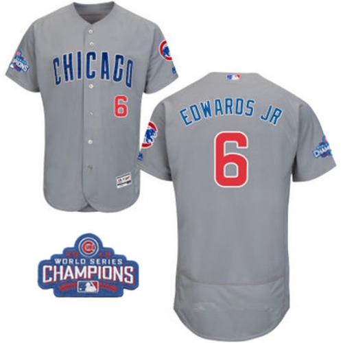 Men's Chicago Cubs #6 Carl Edwards Jr. Gray Road Majestic Flex Base 2016 World Series Champions Patch Jersey