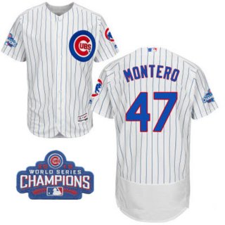 Men's Chicago Cubs #47 Miguel Montero White Home Majestic Flex Base 2016 World Series Champions Patch Jersey