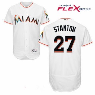 Men's Miami Marlins #27 Giancarlo Stanton White Home Patch Stitched MLB Majestic Flex Base Jersey