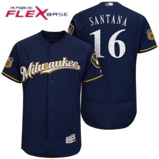 Men's Milwaukee Brewers #16 Domingo Santana Navy Blue 2017 Spring Training Stitched MLB Majestic Flex Base Jersey