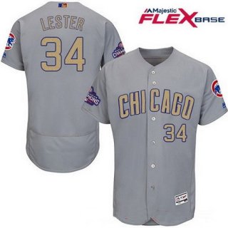 Men's Chicago Cubs #34 Jon Lester Gray World Series Champions Gold Stitched MLB Majestic 2017 Flex Base Jersey