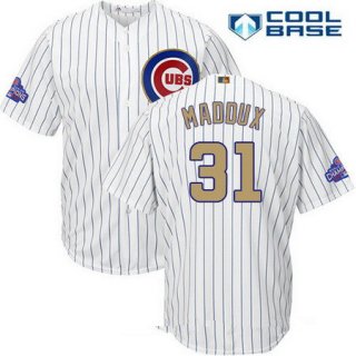 Men's Chicago Cubs #31 Greg Maddux White World Series Champions Gold Stitched MLB Majestic 2017 Cool Base Jersey