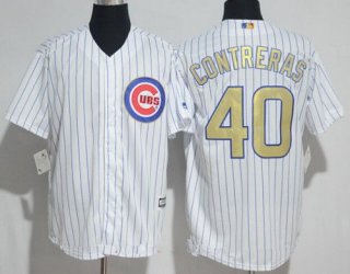 Men's Chicago Cubs #40 Willson Contreras White World Series Champions Gold Stitched MLB Majestic 2017 Cool Base Jersey