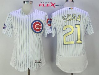 Men's Chicago Cubs #21 Sammy Sosa Retired White World Series Champions Gold Stitched MLB Majestic 2017 Flex Base Jersey