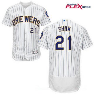 Men's Milwaukee Brewers #21 Travis Shaw White Pinstripe Home Stitched MLB Majestic Flex Base Jersey