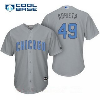 Men's Chicago Cubs #49 Jake Arrieta Gray with Baby Blue Father's Day Stitched MLB Majestic Cool Base Jersey