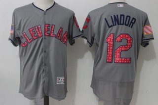 Men's Cleveland Indians #12 Francisco Lindor Gray 2017 Stars & Stripes Stitched MLB Majestic Flex Base Jersey