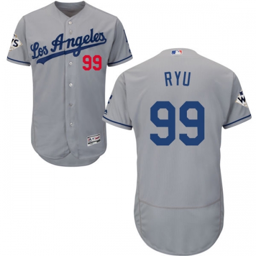 Men's Los Angeles Dodgers #99 Hyun-Jin Ryu Grey Flexbase Authentic Collection 2017 World Series Bound Stitched MLB Jersey