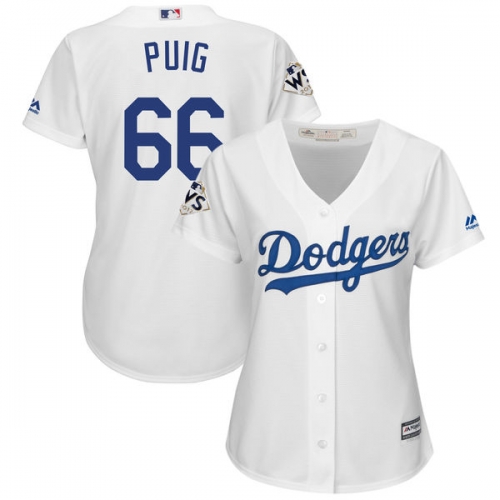 Women's Los Angeles Dodgers #66 Yasiel Puig White 2017 World Series Bound Cool Base Player Jersey