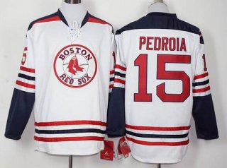 Men's Boston Red Sox #15 Dustin Pedroia Home White Long Sleeve Baseball Jersey