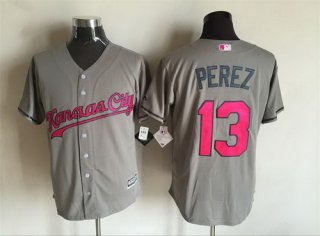 Men's Kansas City Royals #13 Salvador Perez Gray With Pink 2016 Mother's Day Baseball Cool Base Jersey