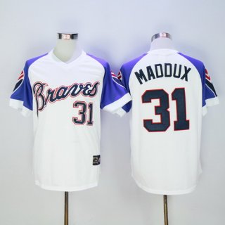 Men's Atlanta Braves #31 Greg Maddux Retired White 1973 Majestic Cooperstown Collection Throwback Jersey