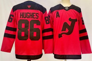 Men's New Jersey Devils #86 Jack Hughes Red 2024-25 With A Patch Stitched Hockey Jersey