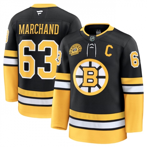 Men's Boston Bruins #63 Brad Marchand Black 100th Anniversary With C Patch Stitched Hockey Jersey