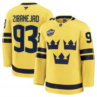 Men's Sweden #93 Mika Zibanejad Yellow 2025 4 Nations Face-Off Premium Stitched Jersey